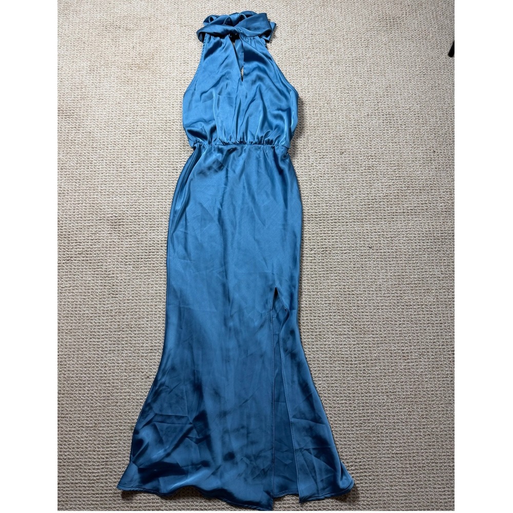 Showpo Kiarra Norman Halter Dress Satin Blue Size 2 Party Split Hem Cut V-Neck‎